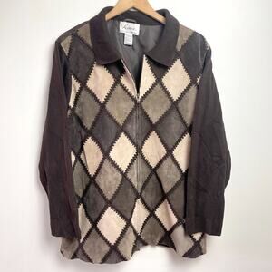 Vintage 90s‎ Patchwork Suede Sweater Jacket Brown 1X Full Zip Boho Luxury Basic
